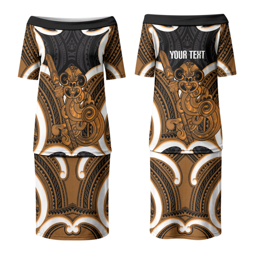 Karaka Aotearoa Atua Tumatauenga Personalised Couples Matching Puletasi and Long Sleeve Button Shirt Maori God Of War Tiki With Taiaha