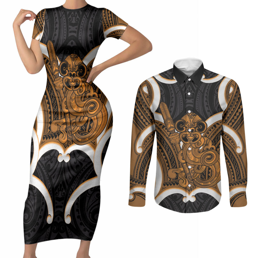 Karaka Aotearoa Atua Tumatauenga Personalised Couples Matching Short Sleeve Bodycon Dress and Long Sleeve Button Shirt Maori God Of War Tiki With Taiaha