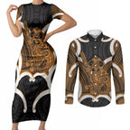 Karaka Aotearoa Atua Tumatauenga Personalised Couples Matching Short Sleeve Bodycon Dress and Long Sleeve Button Shirt Maori God Of War Tiki With Taiaha