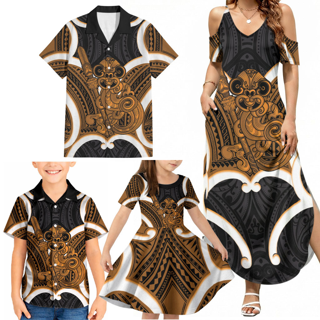Karaka Aotearoa Atua Tumatauenga Personalised Family Matching Summer Maxi Dress and Hawaiian Shirt Maori God Of War Tiki With Taiaha