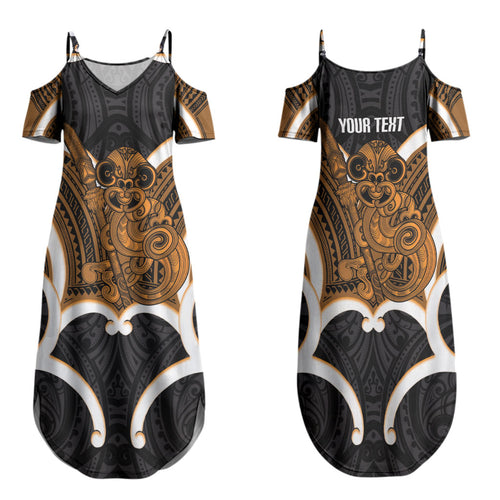 Karaka Aotearoa Atua Tumatauenga Personalised Family Matching Summer Maxi Dress and Hawaiian Shirt Maori God Of War Tiki With Taiaha