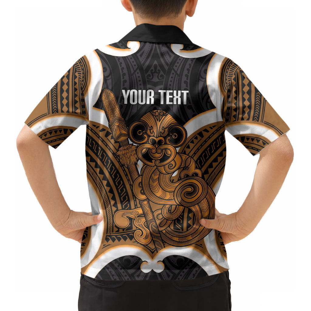 Karaka Aotearoa Atua Tumatauenga Personalised Kid Hawaiian Shirt Maori God Of War Tiki With Taiaha