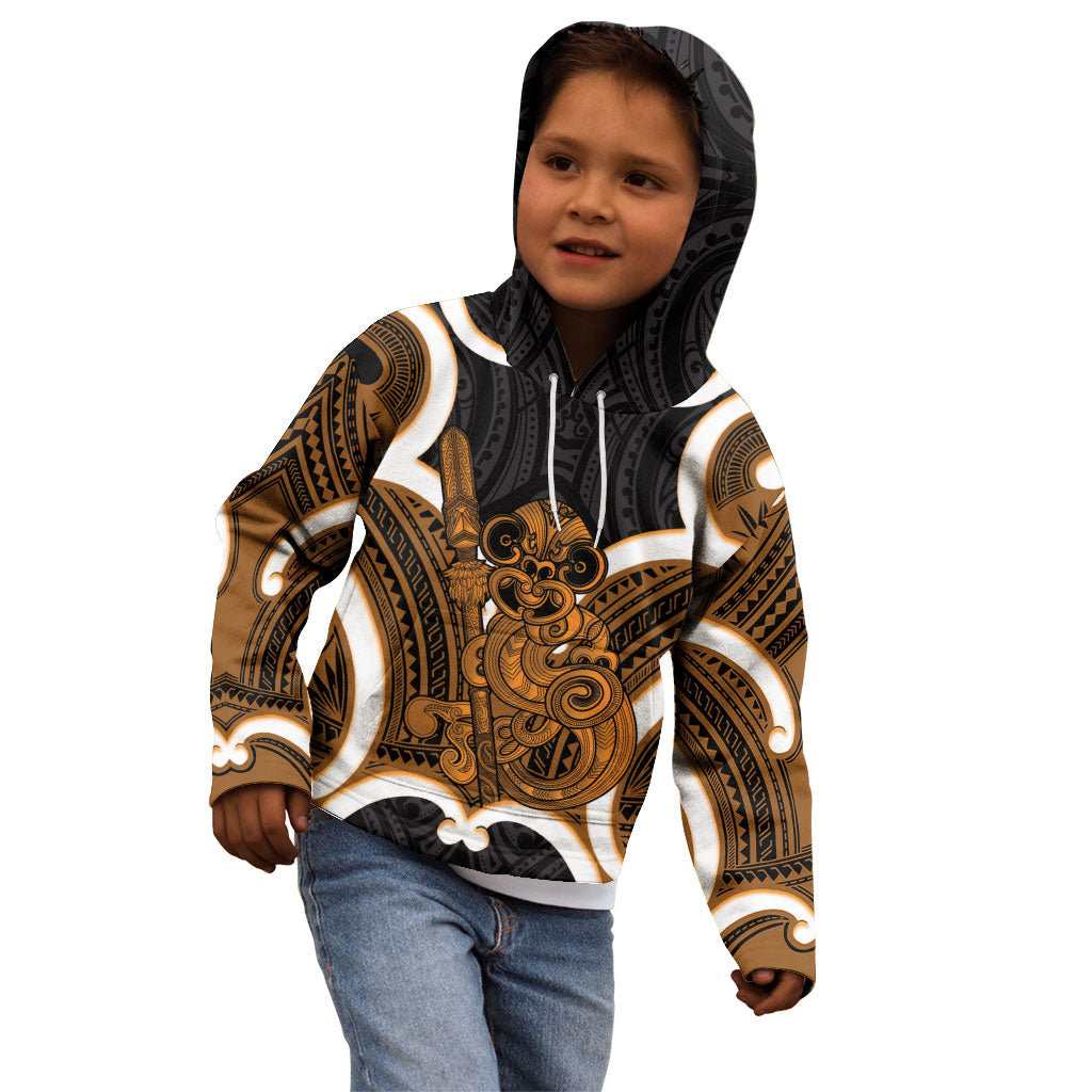 Karaka Aotearoa Atua Tumatauenga Personalised Kid Hoodie Maori God Of War Tiki With Taiaha