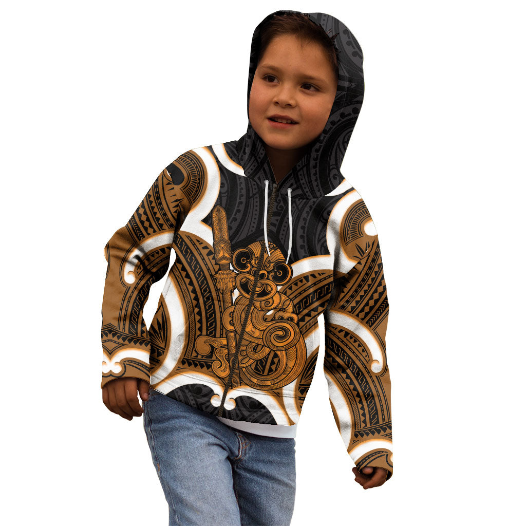 Karaka Aotearoa Atua Tumatauenga Personalised Kid Hoodie Maori God Of War Tiki With Taiaha