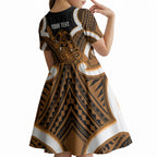 Karaka Aotearoa Atua Tumatauenga Personalised Kid Short Sleeve Dress Maori God Of War Tiki With Taiaha