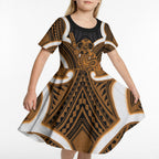 Karaka Aotearoa Atua Tumatauenga Personalised Kid Short Sleeve Dress Maori God Of War Tiki With Taiaha