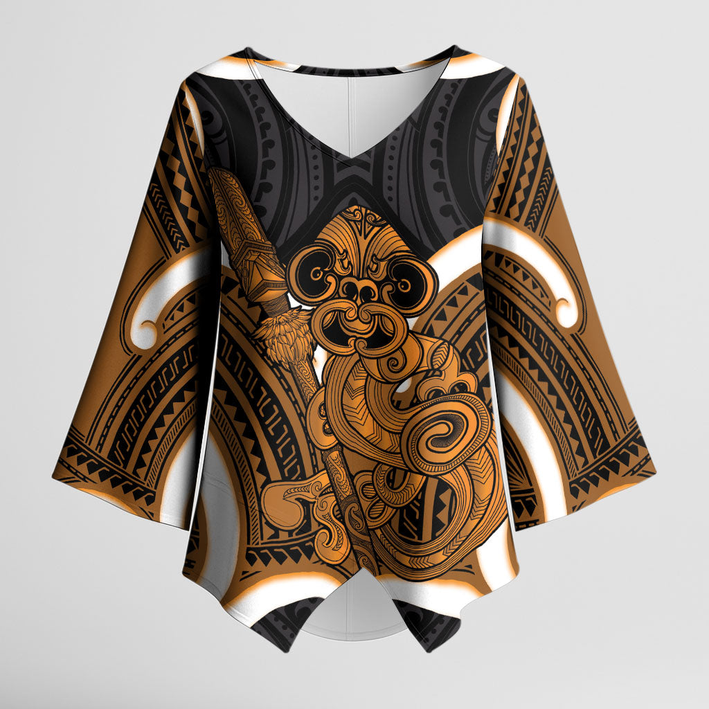 Karaka Aotearoa Atua Tumatauenga Personalised Kimono Sleeve Blouse Maori God Of War Tiki With Taiaha
