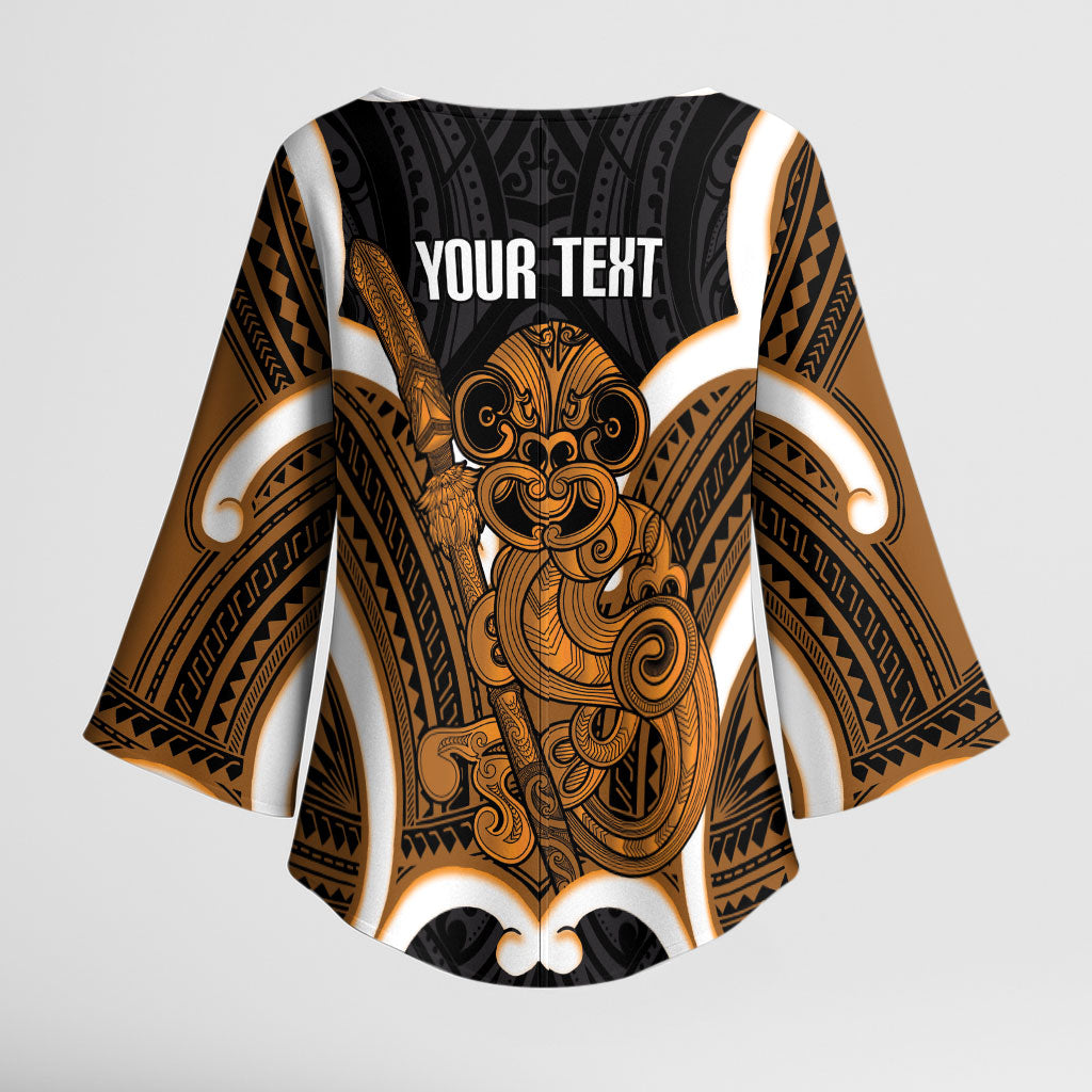 Karaka Aotearoa Atua Tumatauenga Personalised Kimono Sleeve Blouse Maori God Of War Tiki With Taiaha
