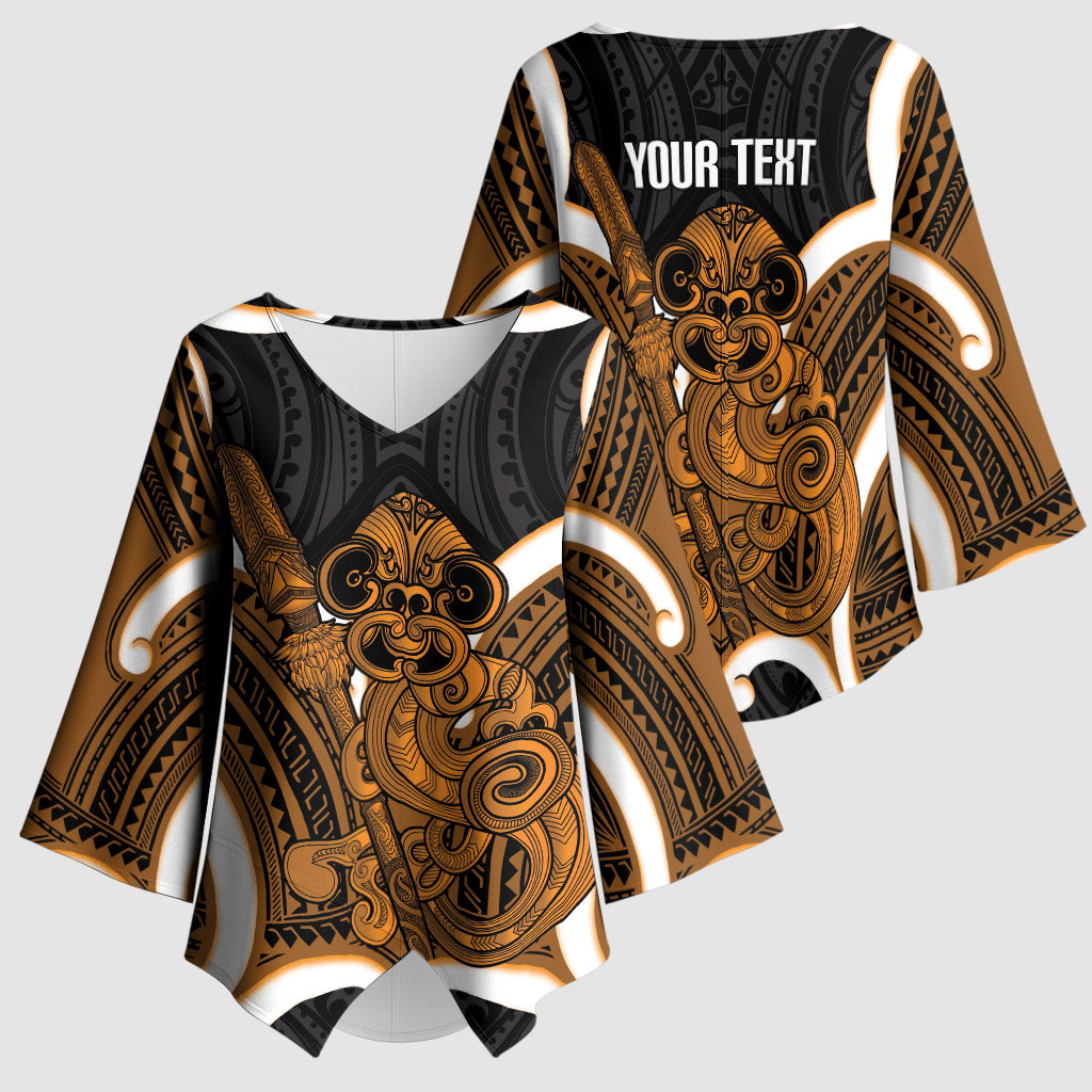Karaka Aotearoa Atua Tumatauenga Personalised Kimono Sleeve Blouse Maori God Of War Tiki With Taiaha
