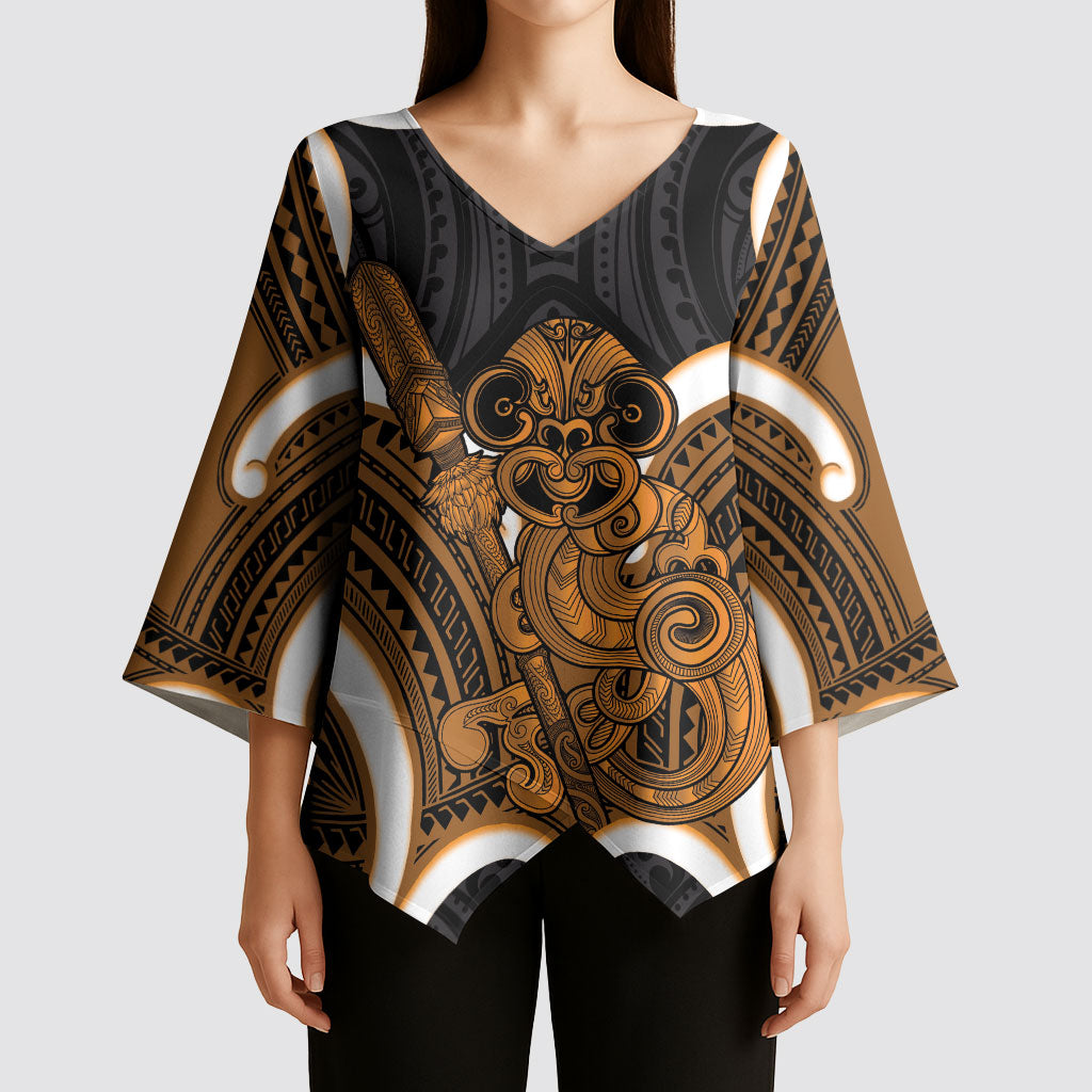 Karaka Aotearoa Atua Tumatauenga Personalised Kimono Sleeve Blouse Maori God Of War Tiki With Taiaha
