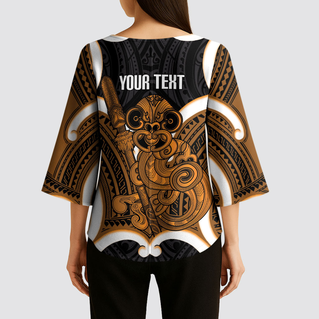 Karaka Aotearoa Atua Tumatauenga Personalised Kimono Sleeve Blouse Maori God Of War Tiki With Taiaha