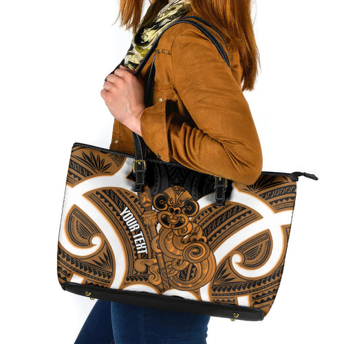 Karaka Aotearoa Atua Tumatauenga Personalised Leather Tote Bag Maori God Of War Tiki With Taiaha