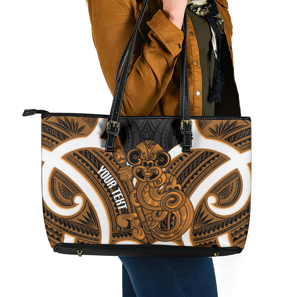 Karaka Aotearoa Atua Tumatauenga Personalised Leather Tote Bag Maori God Of War Tiki With Taiaha