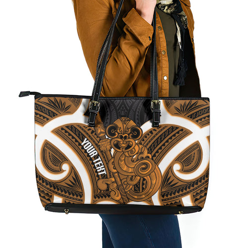 Karaka Aotearoa Atua Tumatauenga Personalised Leather Tote Bag Maori God Of War Tiki With Taiaha
