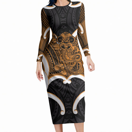 Karaka Aotearoa Atua Tumatauenga Personalised Long Sleeve Bodycon Dress Maori God Of War Tiki With Taiaha