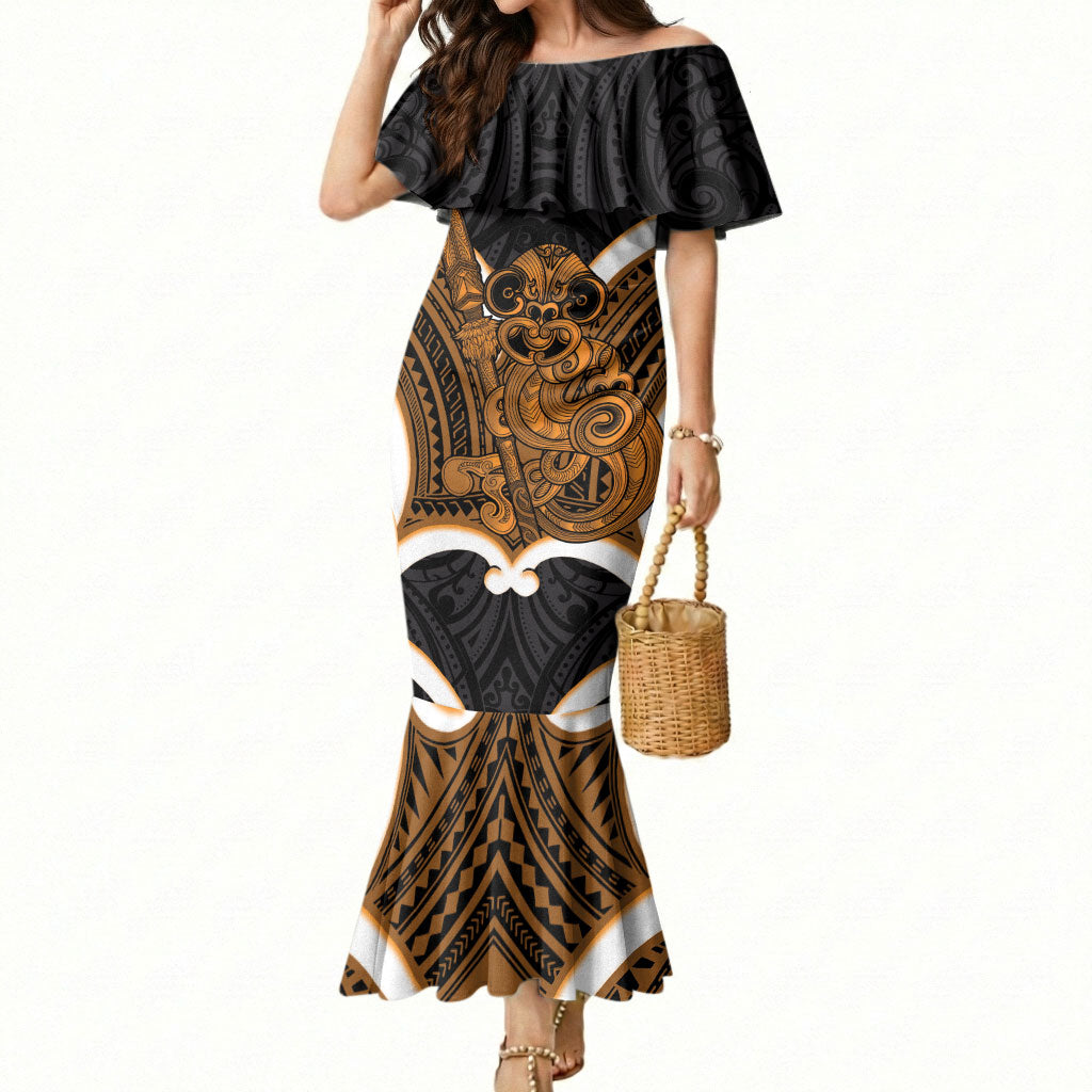 Karaka Aotearoa Atua Tumatauenga Personalised Mermaid Dress Maori God Of War Tiki With Taiaha