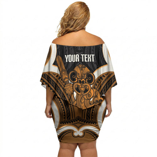 Karaka Aotearoa Atua Tumatauenga Personalised Off Shoulder Short Dress Maori God Of War Tiki With Taiaha