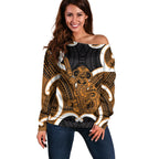 Karaka Aotearoa Atua Tumatauenga Personalised Off Shoulder Sweater Maori God Of War Tiki With Taiaha