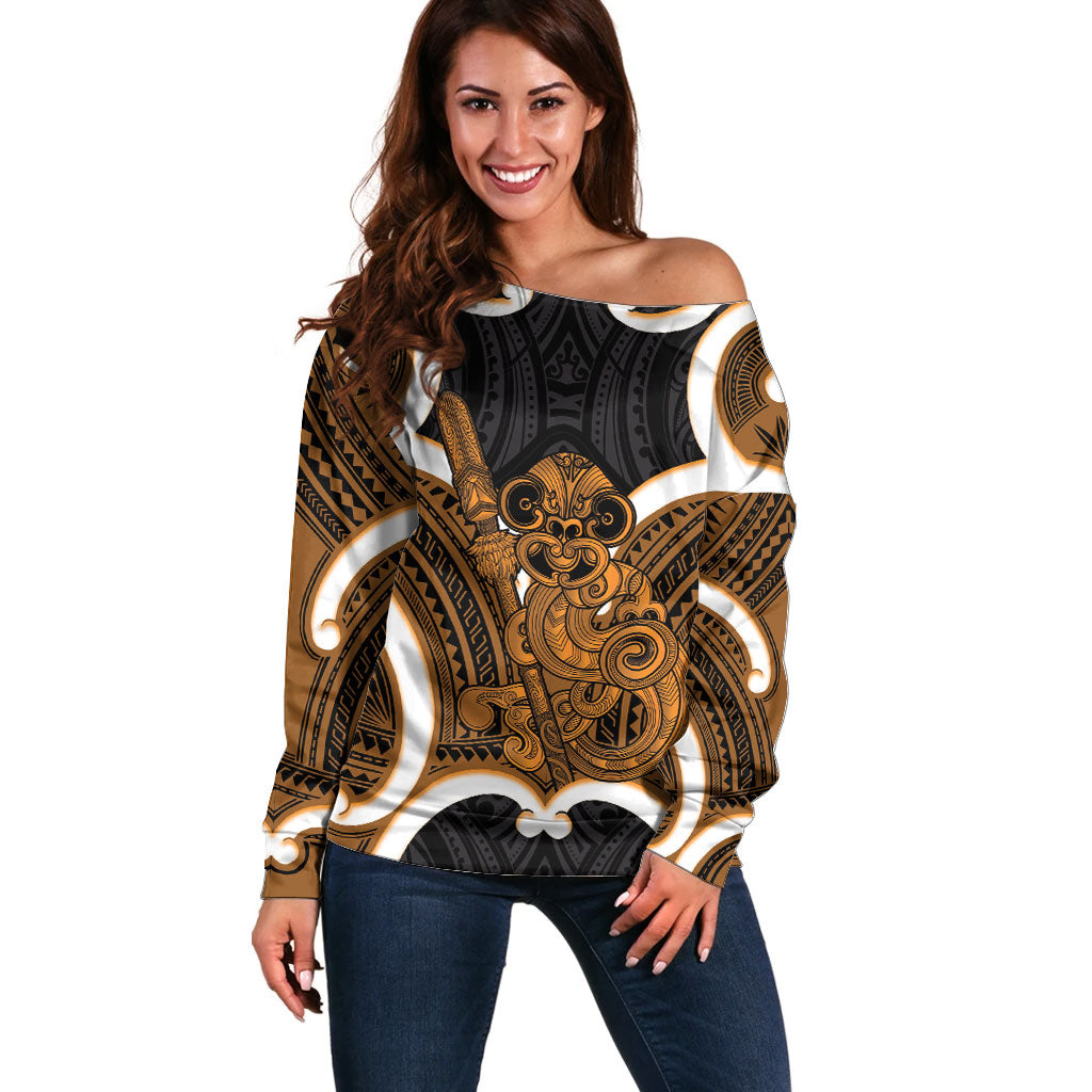 Karaka Aotearoa Atua Tumatauenga Personalised Off Shoulder Sweater Maori God Of War Tiki With Taiaha