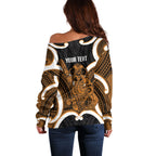 Karaka Aotearoa Atua Tumatauenga Personalised Off Shoulder Sweater Maori God Of War Tiki With Taiaha