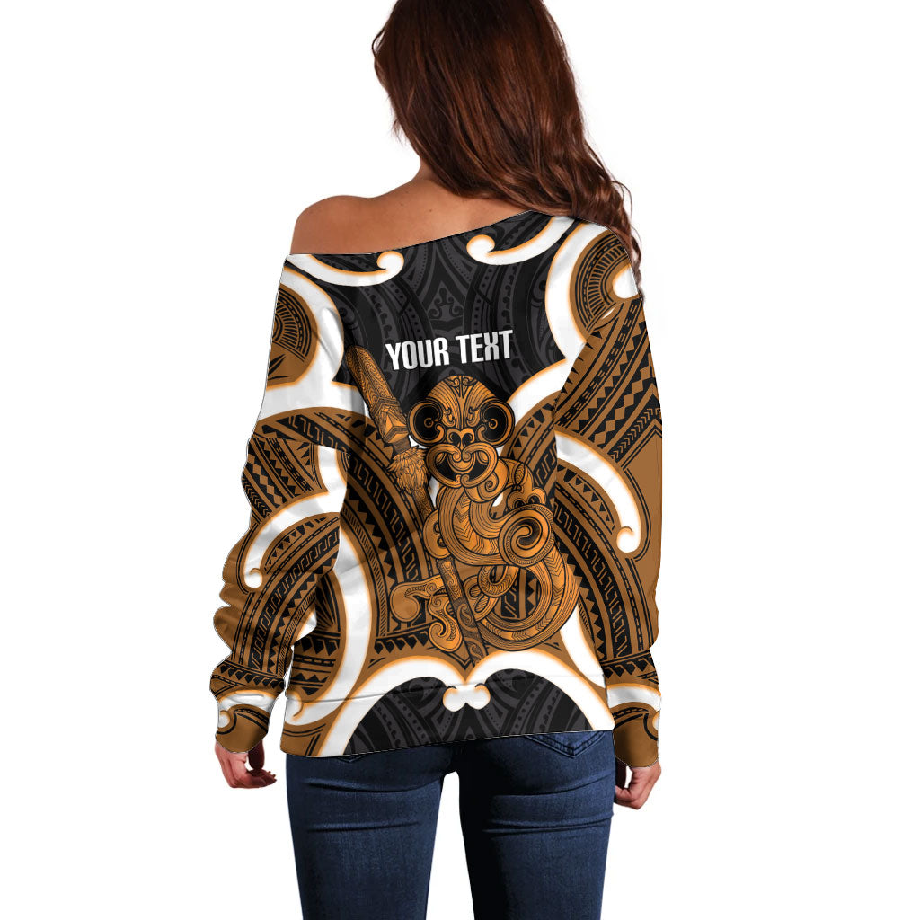 Karaka Aotearoa Atua Tumatauenga Personalised Off Shoulder Sweater Maori God Of War Tiki With Taiaha