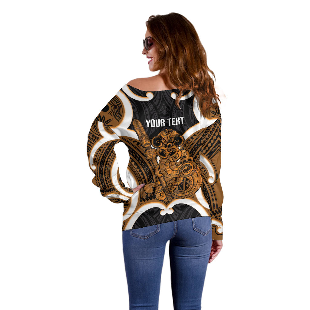 Karaka Aotearoa Atua Tumatauenga Personalised Off Shoulder Sweater Maori God Of War Tiki With Taiaha