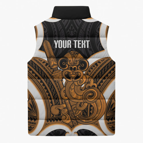Karaka Aotearoa Atua Tumatauenga Personalised Sleeveless Puffer Jacket Maori God Of War Tiki With Taiaha