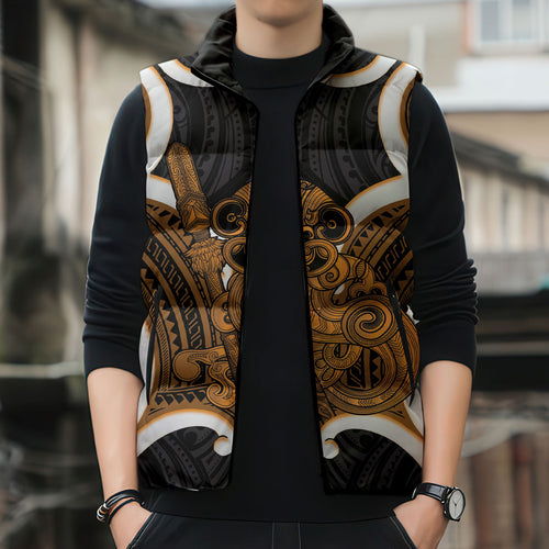Karaka Aotearoa Atua Tumatauenga Personalised Sleeveless Puffer Jacket Maori God Of War Tiki With Taiaha