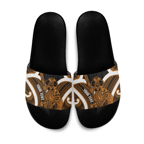 Karaka Aotearoa Atua Tumatauenga Personalised Slide Sandals Maori God Of War Tiki With Taiaha