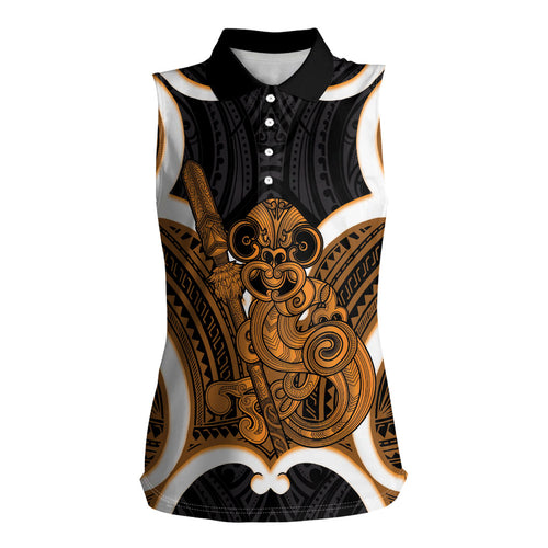 Karaka Aotearoa Atua Tumatauenga Personalised Women Sleeveless Polo Shirt Maori God Of War Tiki With Taiaha