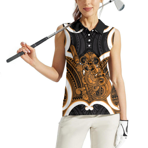 Karaka Aotearoa Atua Tumatauenga Personalised Women Sleeveless Polo Shirt Maori God Of War Tiki With Taiaha