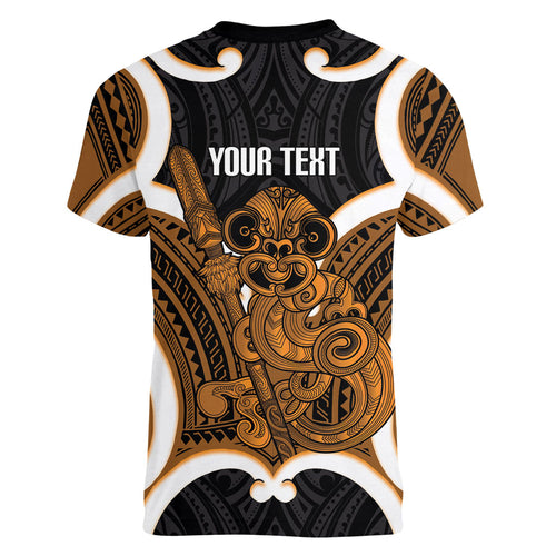 Karaka Aotearoa Atua Tumatauenga Personalised Women V-Neck T-Shirt Maori God Of War Tiki With Taiaha