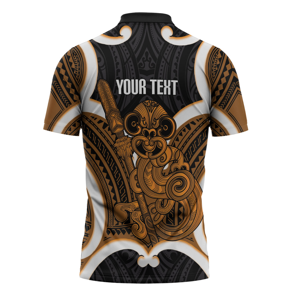 Karaka Aotearoa Atua Tumatauenga Personalised Zipper Polo Shirt Maori God Of War Tiki With Taiaha