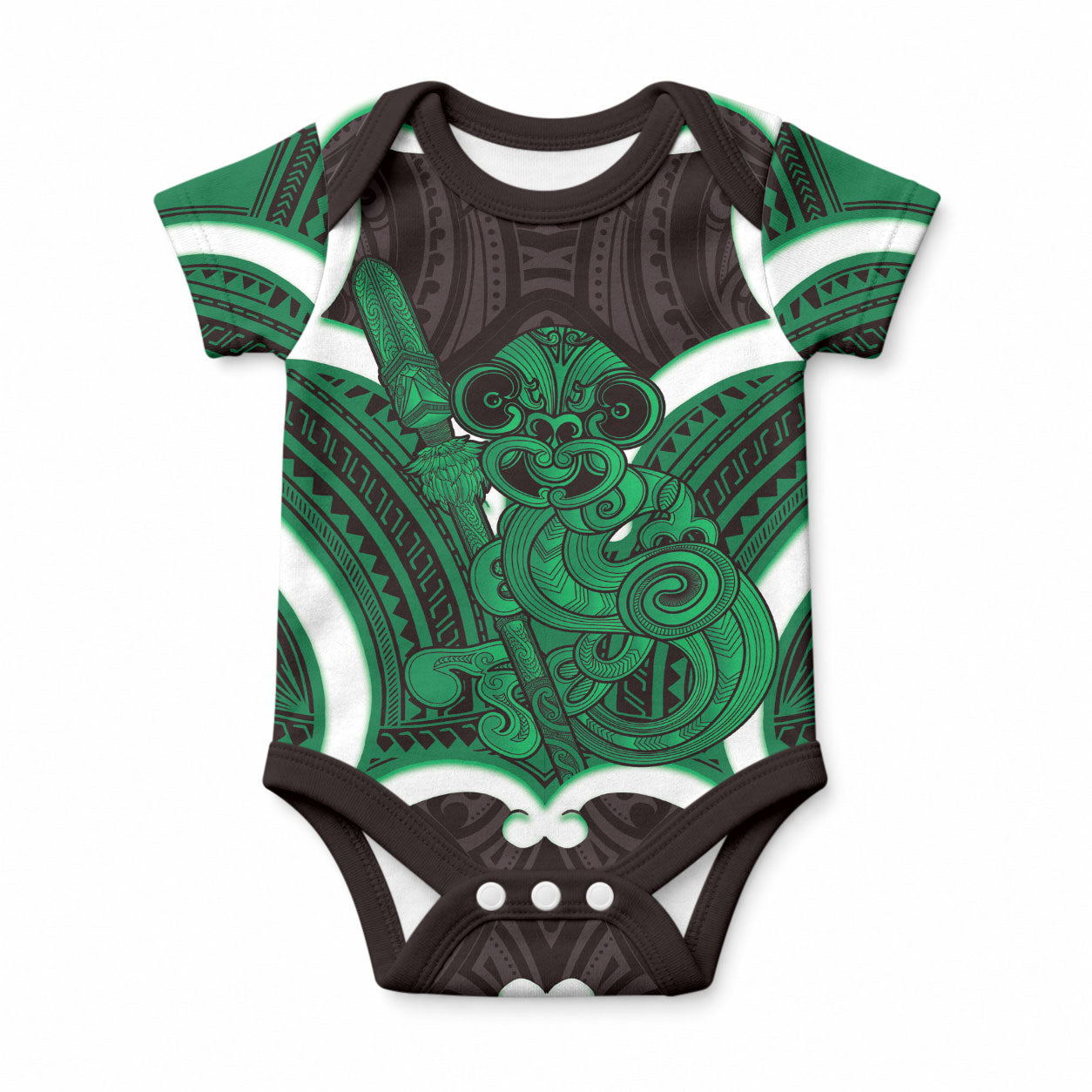 Kakariki Aotearoa Atua Tumatauenga Personalised Baby Onesie Maori God Of War Tiki With Taiaha