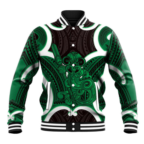 Kakariki Aotearoa Atua Tumatauenga Personalised Baseball Jacket Maori God Of War Tiki With Taiaha