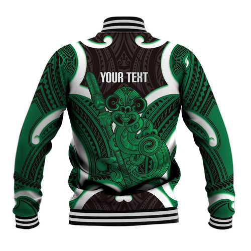 Kakariki Aotearoa Atua Tumatauenga Personalised Baseball Jacket Maori God Of War Tiki With Taiaha