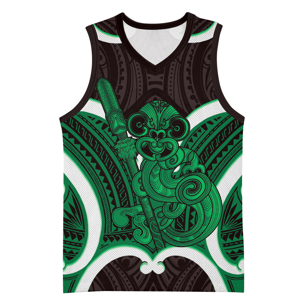 Kakariki Aotearoa Atua Tumatauenga Personalised Basketball Jersey Maori God Of War Tiki With Taiaha