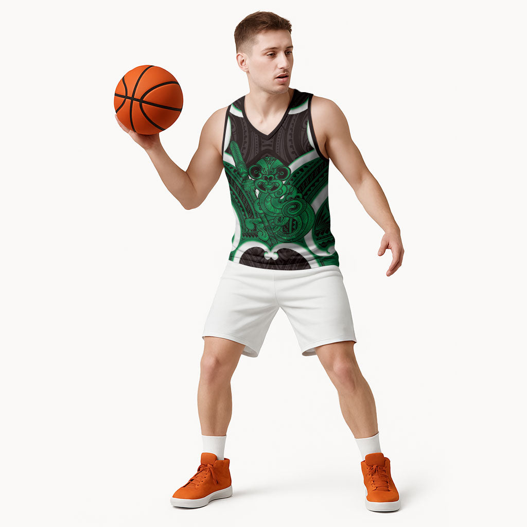 Kakariki Aotearoa Atua Tumatauenga Personalised Basketball Jersey Maori God Of War Tiki With Taiaha