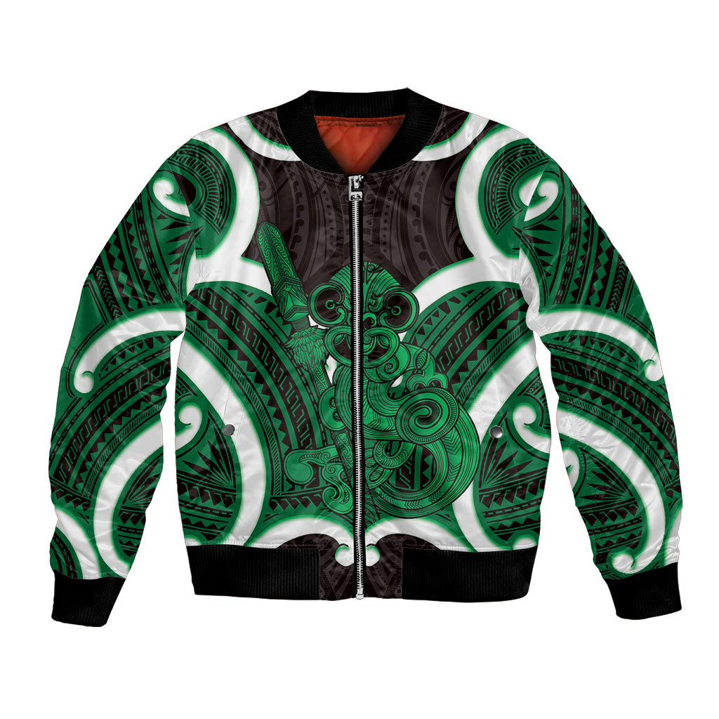 Kakariki Aotearoa Atua Tumatauenga Personalised Bomber Jacket Maori God Of War Tiki With Taiaha