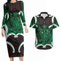 Kakariki Aotearoa Atua Tumatauenga Personalised Couples Matching Long Sleeve Bodycon Dress and Hawaiian Shirt Maori God Of War Tiki With Taiaha
