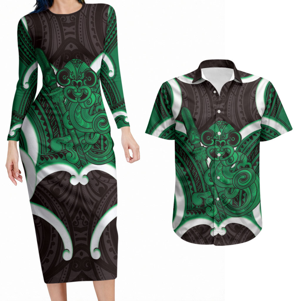 Kakariki Aotearoa Atua Tumatauenga Personalised Couples Matching Long Sleeve Bodycon Dress and Hawaiian Shirt Maori God Of War Tiki With Taiaha