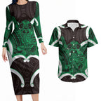 Kakariki Aotearoa Atua Tumatauenga Personalised Couples Matching Long Sleeve Bodycon Dress and Hawaiian Shirt Maori God Of War Tiki With Taiaha