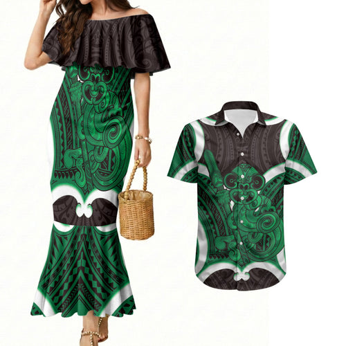 Kakariki Aotearoa Atua Tumatauenga Personalised Couples Matching Mermaid Dress and Hawaiian Shirt Maori God Of War Tiki With Taiaha