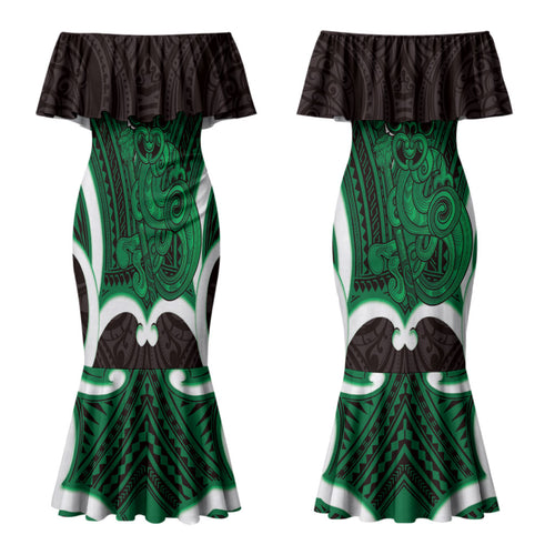 Kakariki Aotearoa Atua Tumatauenga Personalised Couples Matching Mermaid Dress and Hawaiian Shirt Maori God Of War Tiki With Taiaha