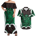 Kakariki Aotearoa Atua Tumatauenga Personalised Couples Matching Off Shoulder Maxi Dress and Hawaiian Shirt Maori God Of War Tiki With Taiaha