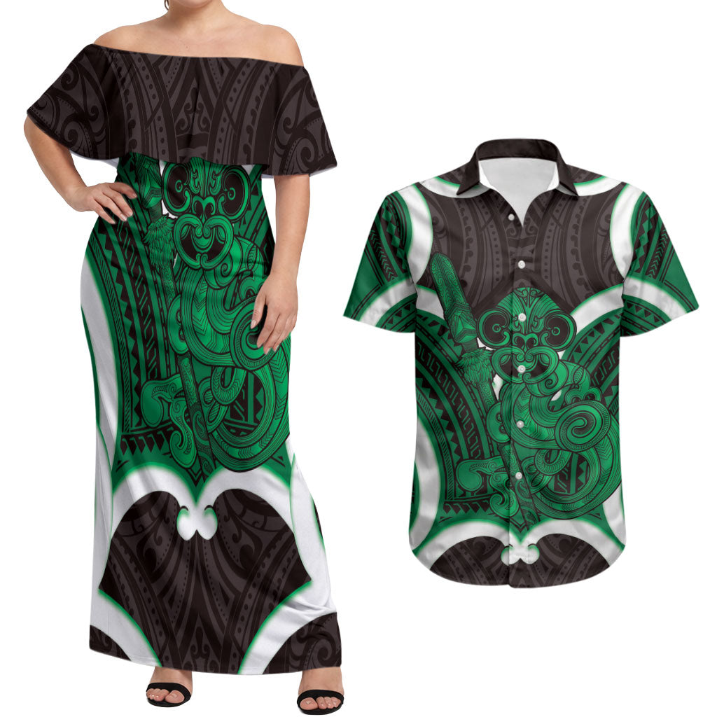 Kakariki Aotearoa Atua Tumatauenga Personalised Couples Matching Off Shoulder Maxi Dress and Hawaiian Shirt Maori God Of War Tiki With Taiaha