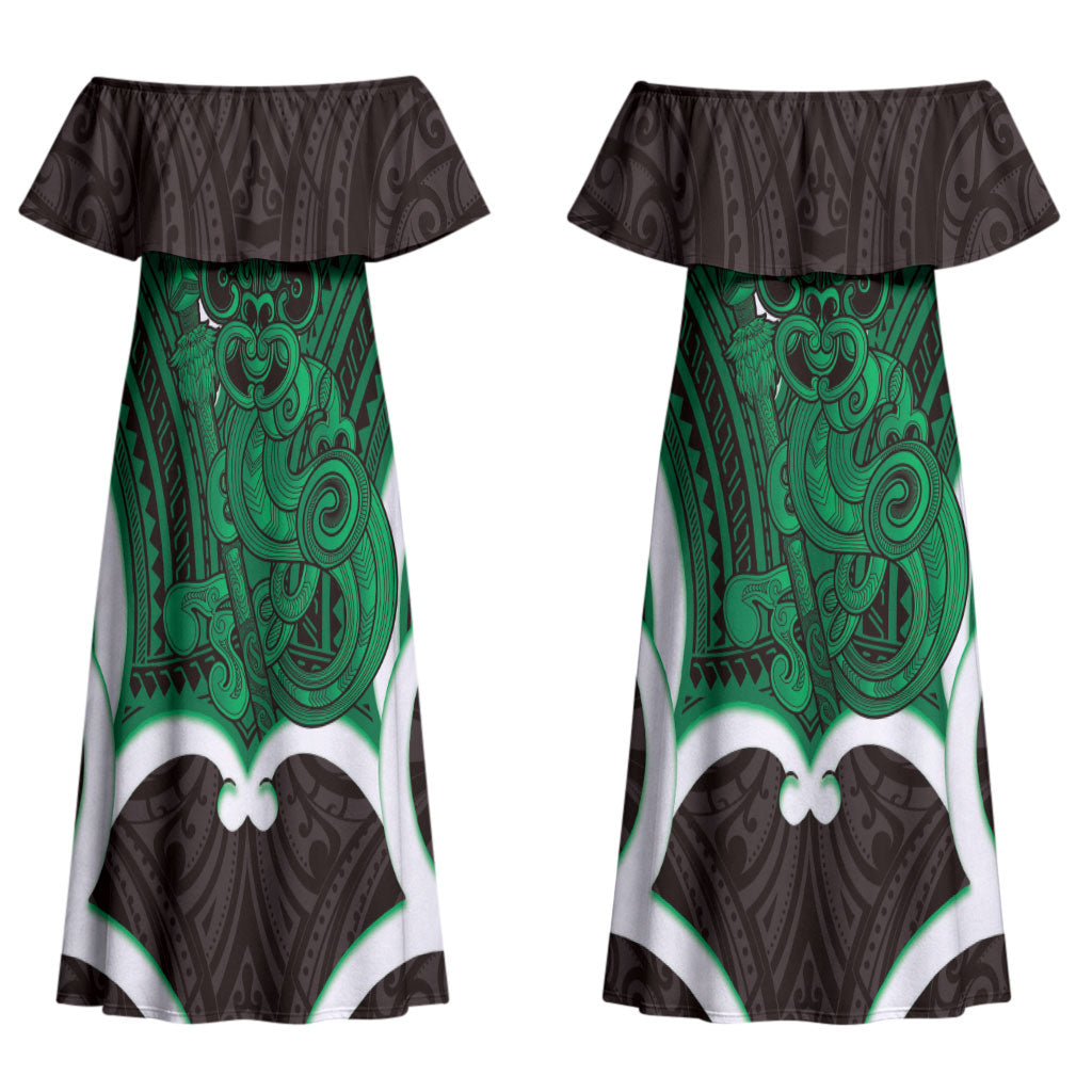 Kakariki Aotearoa Atua Tumatauenga Personalised Couples Matching Off Shoulder Maxi Dress and Hawaiian Shirt Maori God Of War Tiki With Taiaha