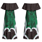Kakariki Aotearoa Atua Tumatauenga Personalised Couples Matching Off Shoulder Maxi Dress and Hawaiian Shirt Maori God Of War Tiki With Taiaha