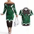 Kakariki Aotearoa Atua Tumatauenga Personalised Couples Matching Off The Shoulder Long Sleeve Dress and Hawaiian Shirt Maori God Of War Tiki With Taiaha