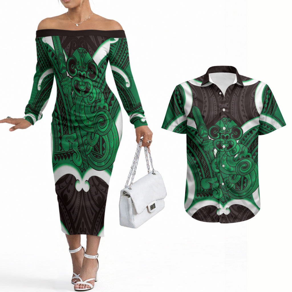 Kakariki Aotearoa Atua Tumatauenga Personalised Couples Matching Off The Shoulder Long Sleeve Dress and Hawaiian Shirt Maori God Of War Tiki With Taiaha